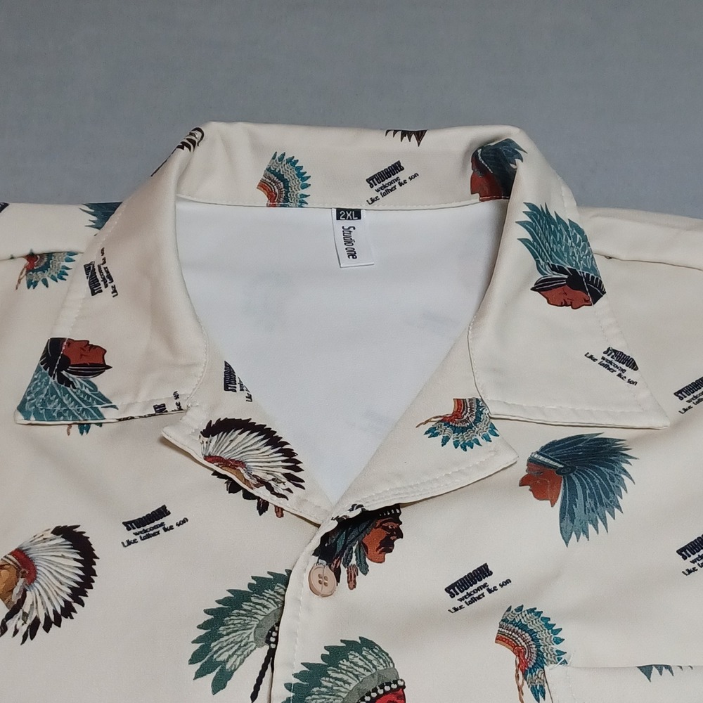 Studio One Mens 2XL Short Sleeve‎ Button Up Shirt Headdress Print Cream Graphic - Picture 3 of 11